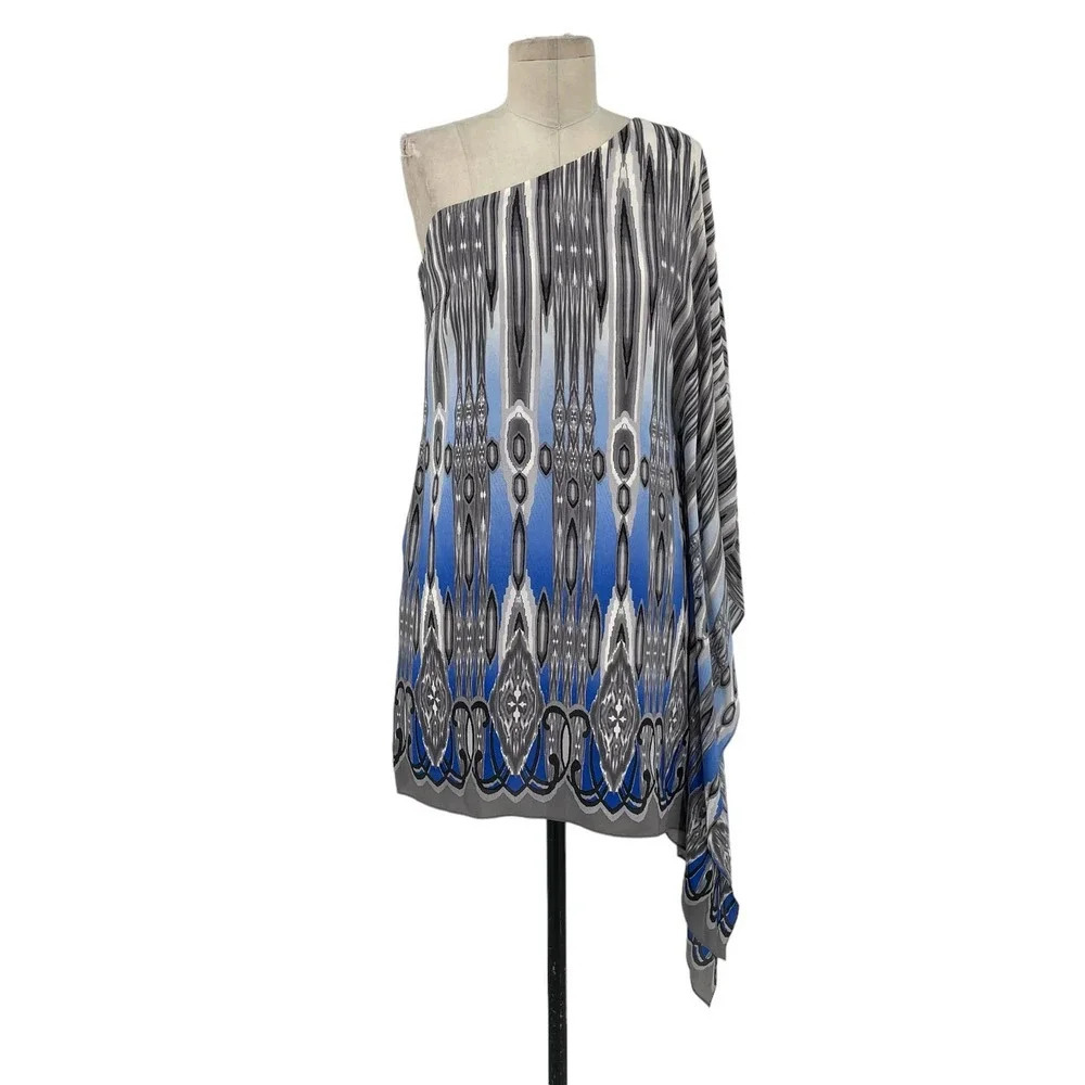 Jay Godfrey Paradis Silk One Shoulder Aztec Print Mini Dress Gray Blue Size 6‎